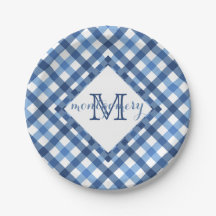 Placa de papel con nombre de diamante azul gingham