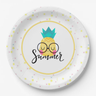 Plato De Papel Placa de papel con puntos de polka y piña de veran