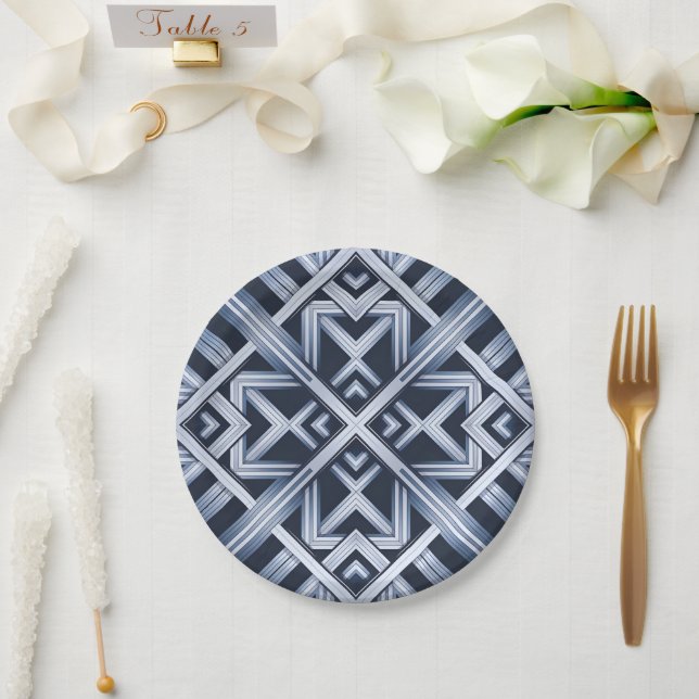 Plato De Papel Placa de papel con rayas azules de armonía (Boda)