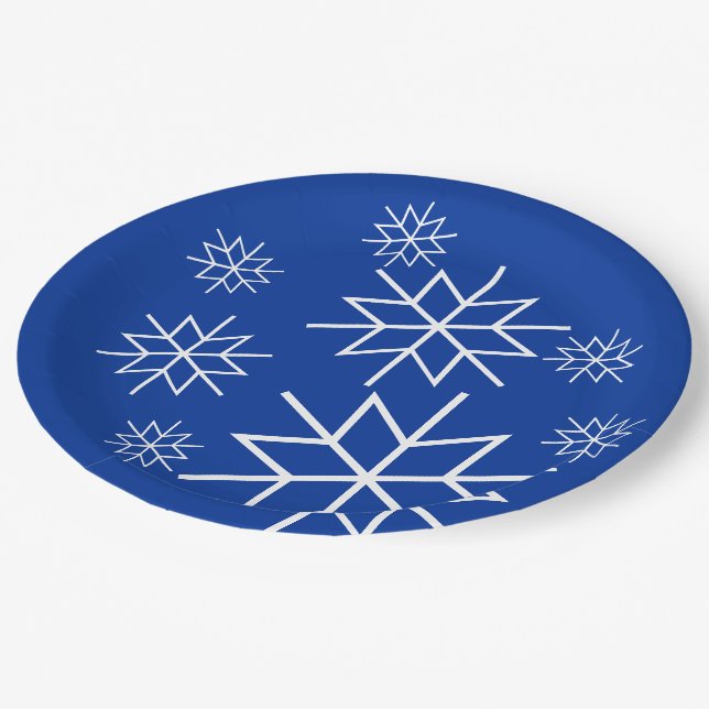 Plato De Papel Placa de papel - Copos de nieve blancos en azul (Angular)