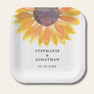 Plato De Papel Placa de papel cuadrada de Boda de girasol rústico
