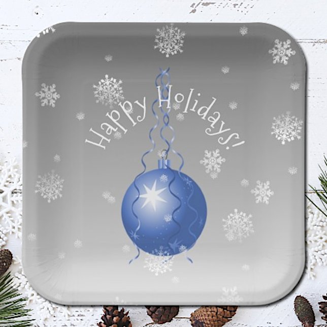 Plato De Papel Placa de papel de adorno navideño azul (Blue Fancy Christmas Ornament Paper Plates)