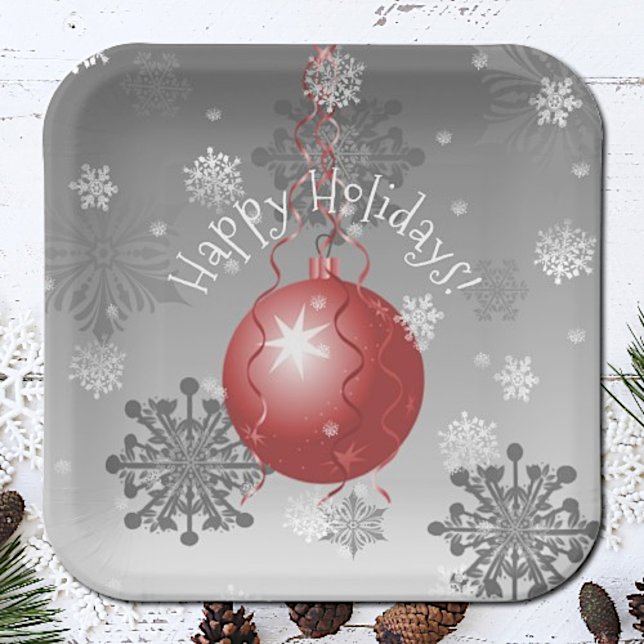 Plato De Papel Placa de papel de adorno navideño rojo (Red Fancy Christmas Ornament Paper Plates)