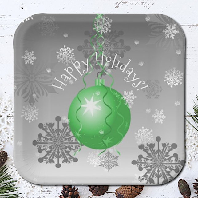Plato De Papel Placa de papel de adorno navideño verde (Green Fancy Christmas Ornament Paper Plates)