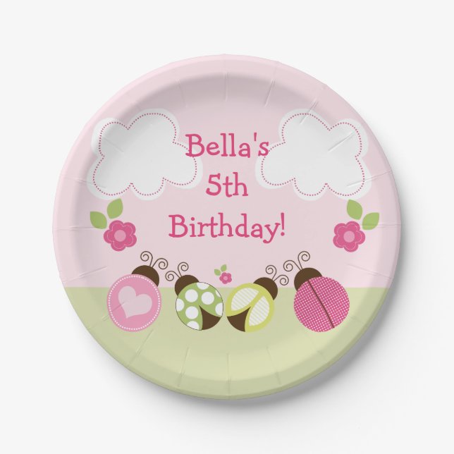 Plato De Papel Placa de papel de adybugs y flores (Anverso)