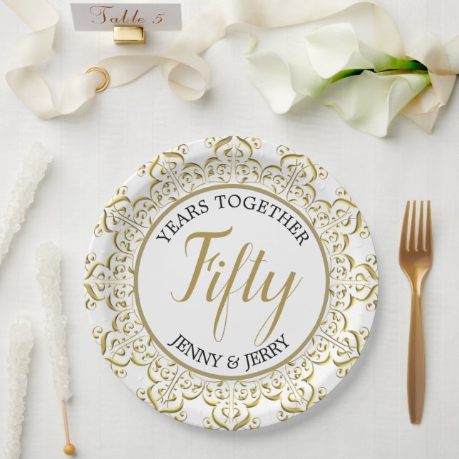 Plato De Papel Placa de papel de Aniversario Clásico de Oro y Bla (Boda)