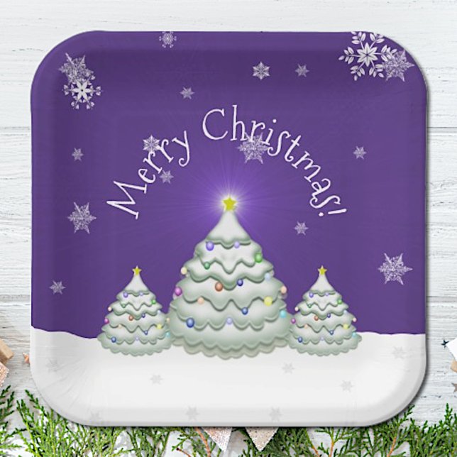 Plato De Papel Placa de papel de árbol de navidad con nieve púrpu (Purple Snowy Christmas Tree Paper Plates)