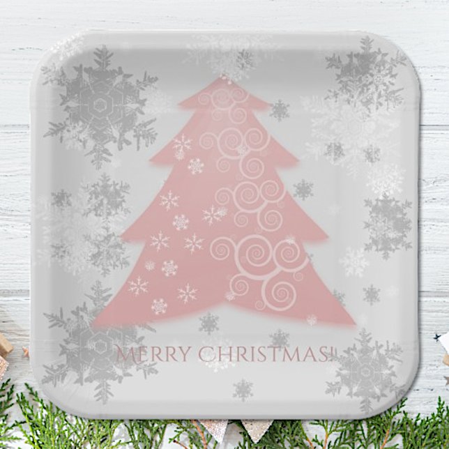 Plato De Papel Placa de papel de árbol de navidad rosa festivo (Pink Festive Christmas Tree Paper Plates)