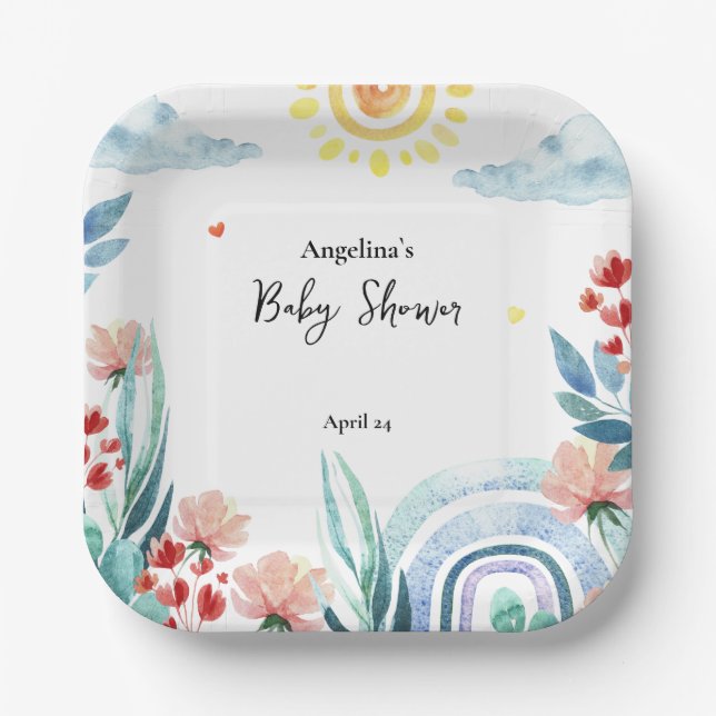 Plato De Papel Placa de papel de Baby Shower con planta acuarela. (Anverso)