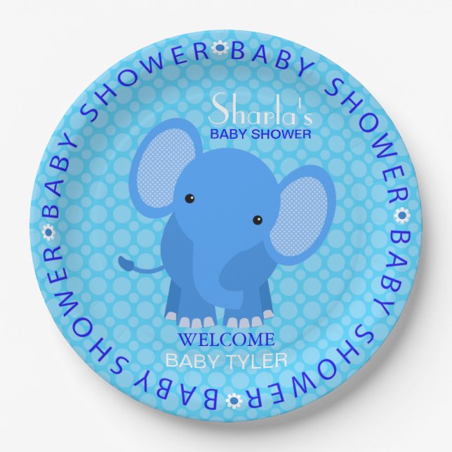 Plato De Papel Placa de papel de Baby Shower del elefante azul (Anverso)