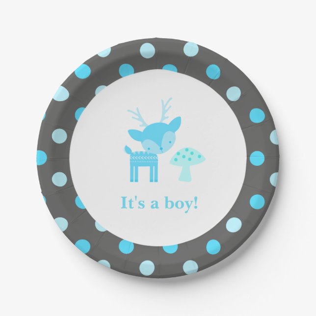 Plato De Papel Placa de papel de Baby Shower del lunar azul de (Anverso)