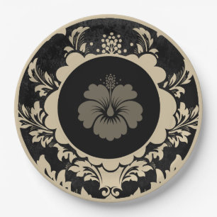Plato De Papel Placa de papel de boda floral de color negro y bei