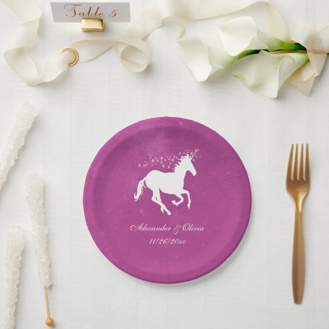 Plato De Papel Placa de papel de Boda magenta unicornio (Boda)