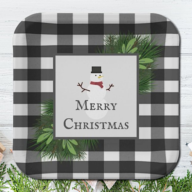Plato De Papel Placa de papel de búfalo de nieve (Snowman Buffalo Plaid Christmas Paper Plates)