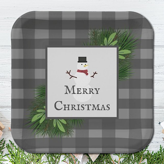 Plato De Papel Placa de papel de búfalo gris de Snowman (Gray Snowman Buffalo Plaid Christmas Paper Plates)