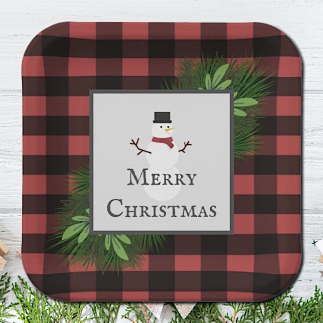 Plato De Papel Placa de papel de búfalo rojo de Snowman (Red Snowman Buffalo Plaid Christmas Paper Plates)