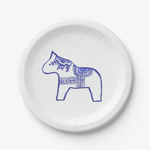 Plato De Papel Placa de papel de caballo de Dala azul y blanco
