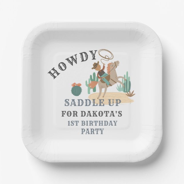 Plato De Papel Placa de papel de Cowboy First Birday Party (Anverso)
