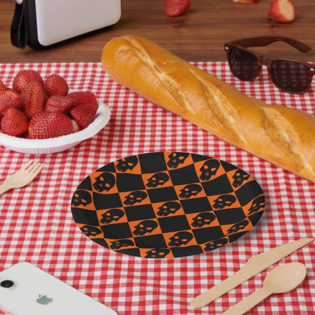 Plato De Papel Placa de papel de cráneo negro de Halloween (Picnic)