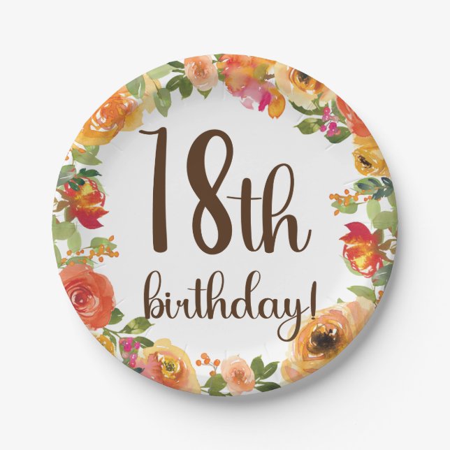 Plato De Papel Placa de papel de cumpleaños 18 floral (Anverso)
