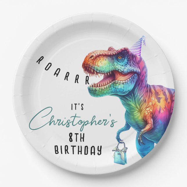 Plato De Papel Placa de papel de cumpleaños de Dinosaur Rex (Anverso)