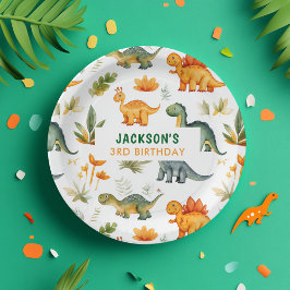 Plato De Papel Placa de papel de cumpleaños de dinosaurio para ni