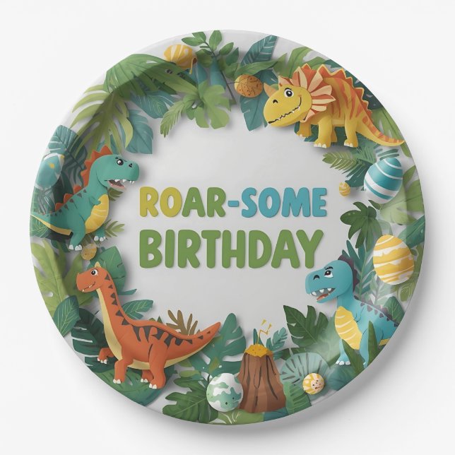 Plato De Papel Placa de papel de cumpleaños de dinosaurios ruidos (Anverso)