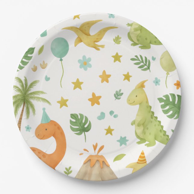 Plato De Papel Placa de papel de cumpleaños de los dinosaurios ve (Anverso)
