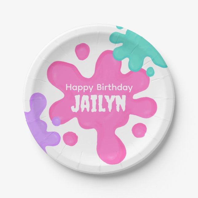 Plato De Papel Placa de papel de cumpleaños de Slime rosa (Anverso)
