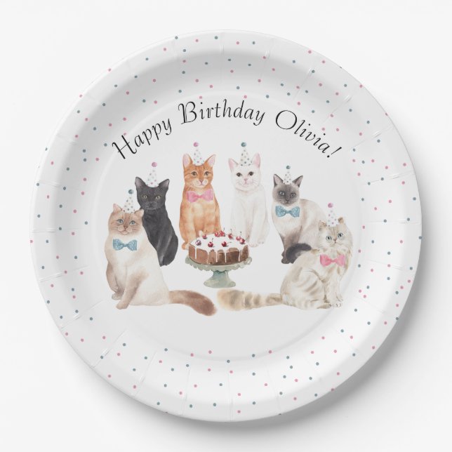 Plato De Papel Placa de papel de cumpleaños feliz para gato acuát (Anverso)