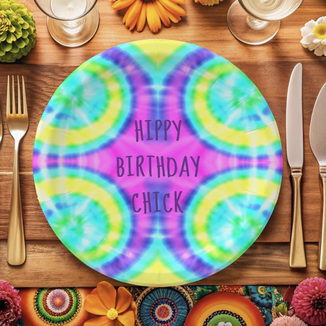Plato De Papel Placa de papel de cumpleaños hippy para tinte de t (Hippy Birthday Chick! Just add your name to this trippy hippie paper plate)