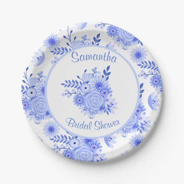 Plato De Papel Placa de papel de ducha azul y blanco floral para  (Anverso)