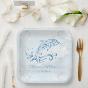 Plato De Papel Placa de papel de ducha de bodas de delfines azule