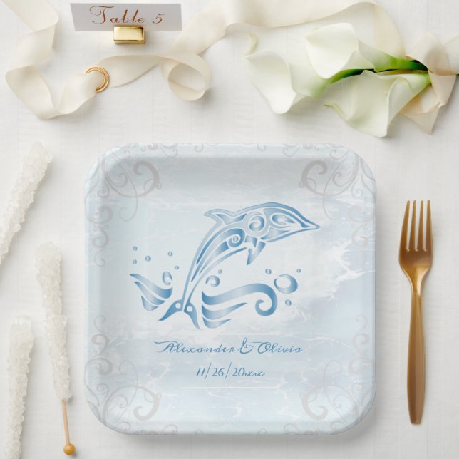 Plato De Papel Placa de papel de ducha de bodas de delfines azule (Boda)