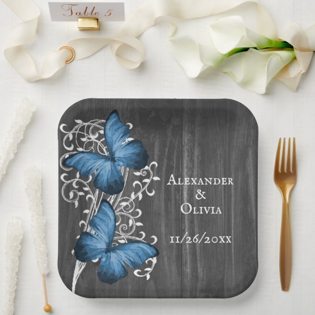 Plato De Papel Placa de papel de ducha de mariposa azul rústico (Boda)