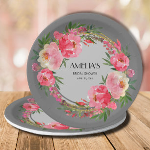 Plato De Papel Placa de papel de ducha de novia floral rosa de co