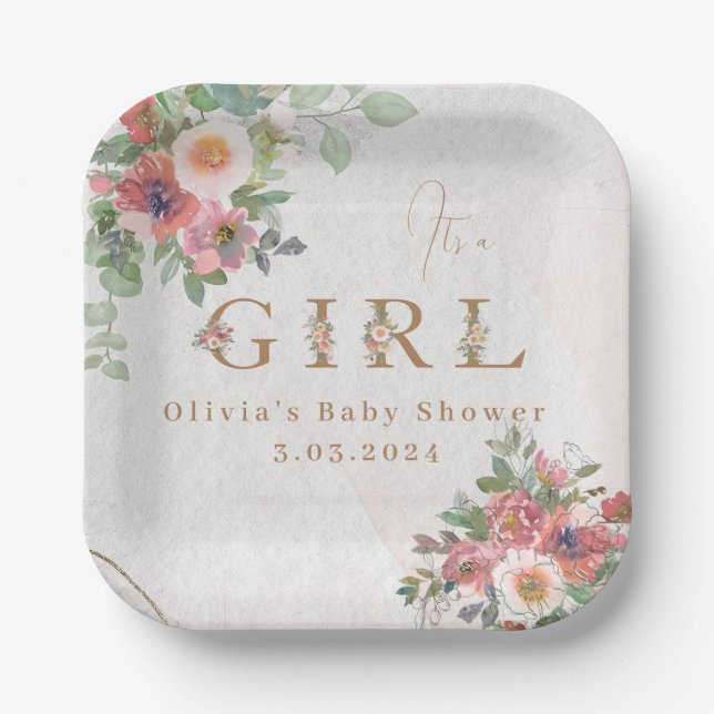 Plato De Papel Placa de papel de ducha Floral para niñas (Anverso)
