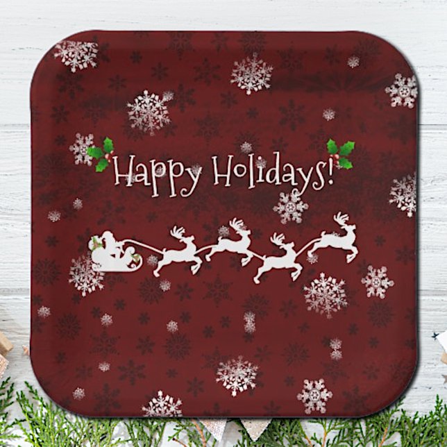 Plato De Papel Placa de papel de esquisto y reno de Santa Roja (Red Santas Sleigh and Reindeer Christmas Paper Plates)