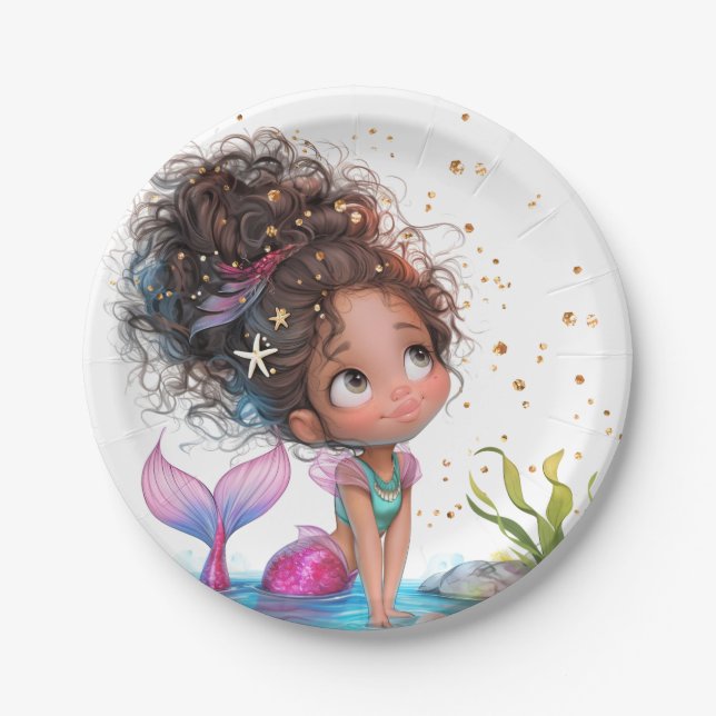 Plato De Papel Placa de papel de Fiesta de sirena afroamericana (Anverso)