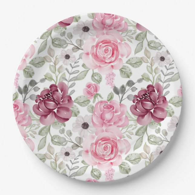 Plato De Papel Placa de papel de flores rosas (Anverso)