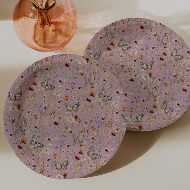 Plato De Papel Placa de papel de flores silvestres rosadas (Dusty Pink Wildflower Butterflies Paper Plates by Painted Paperie
)