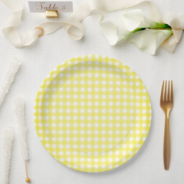Plato De Papel Placa de papel de Gingham amarillo Faye (Boda)