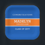 Plato De Papel Placa de papel de graduación de naranja y Personal<br><div class="desc">Placas de papel de graduación personalizado azul y Naranja.</div>