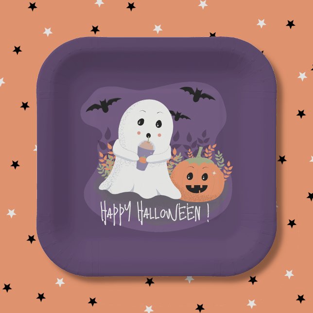 Plato De Papel Placa de papel de Halloween morado dulce fantasma (Sweet ghost purple Halloween paper plate .)