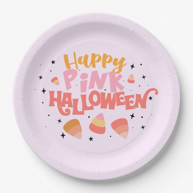 Plato De Papel Placa de papel de Halloween rosa feliz (Anverso)