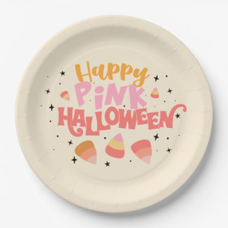 Plato De Papel Placa de papel de Halloween rosa feliz