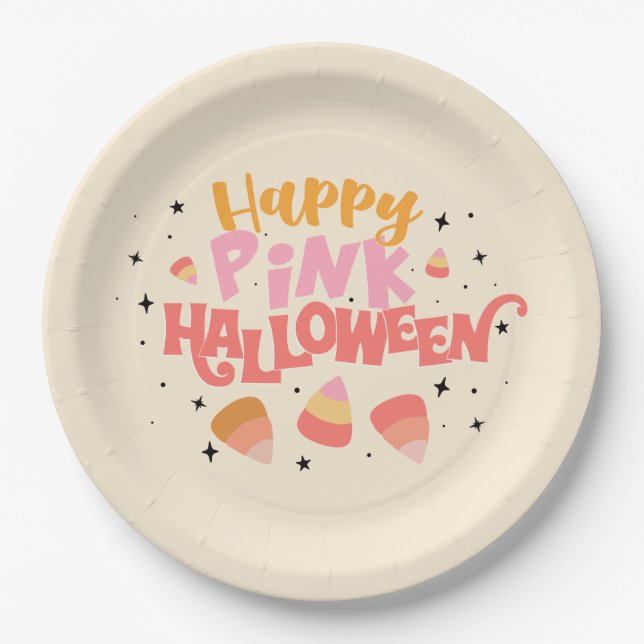 Plato De Papel Placa de papel de Halloween rosa feliz (Anverso)