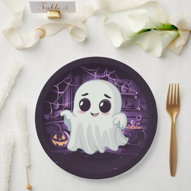 Plato De Papel Placa de papel de Ilustracion Ghost Halloween (Boda)