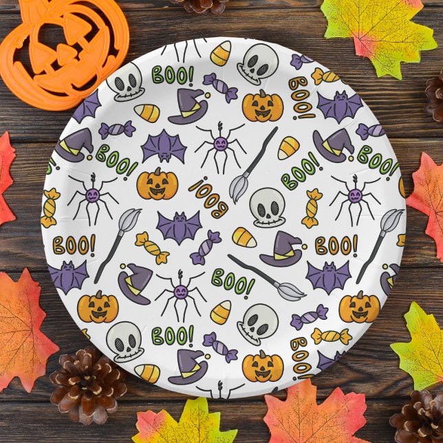 Plato De Papel Placa de papel de la fiesta de Halloween para niño (Make your kids' Halloween party memorable with our Halloween classic cartoon-themed paper plates)
