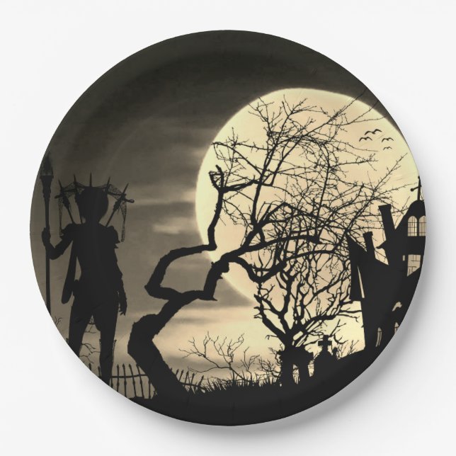 Plato De Papel Placa de papel de luna llena espeluznante (Anverso)